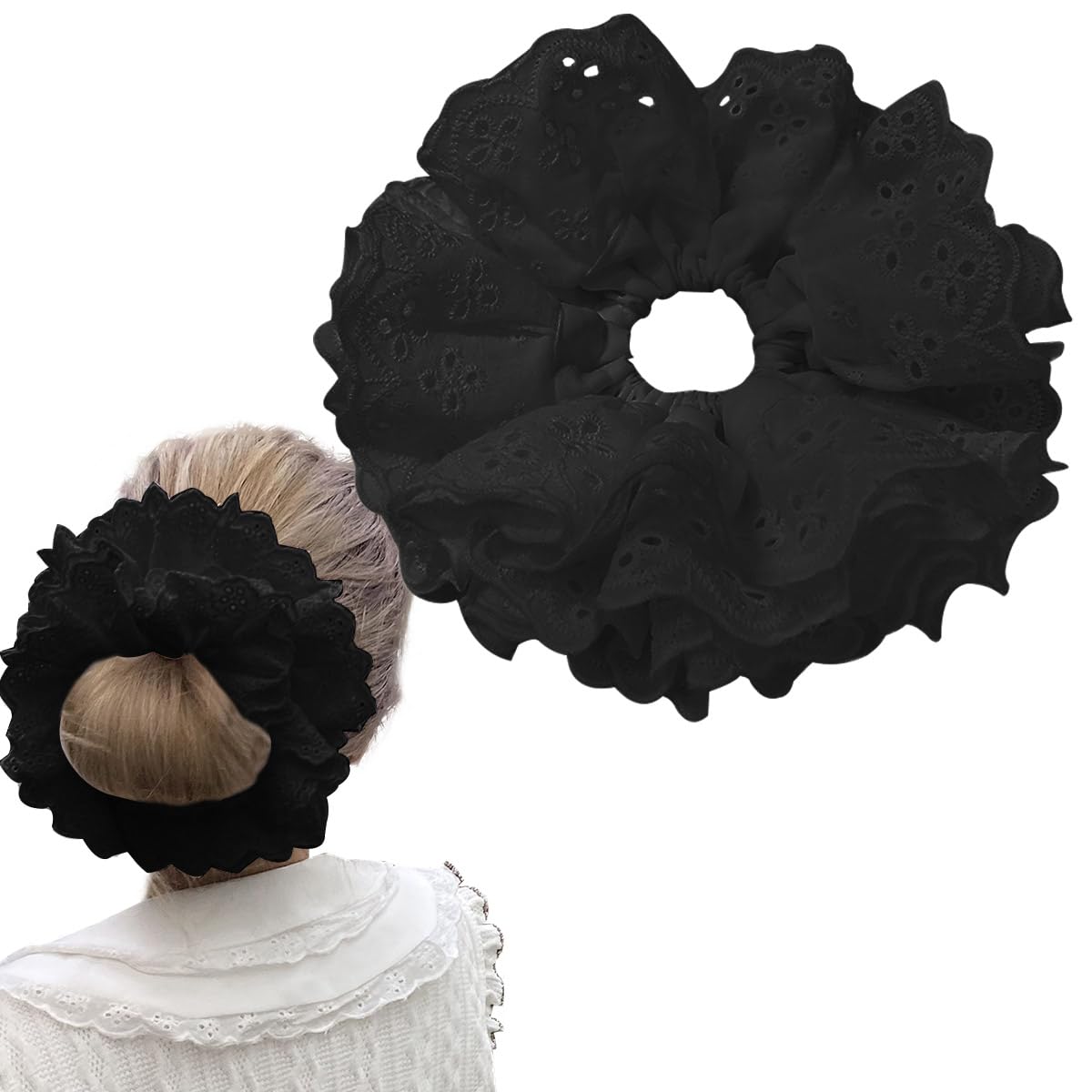 Large White Lace Scrunchies, Elastic Hair Ties Ropes, Ponytail Holder Hair Accessories for Ladies Girls, Thick Bulk Scrunchies