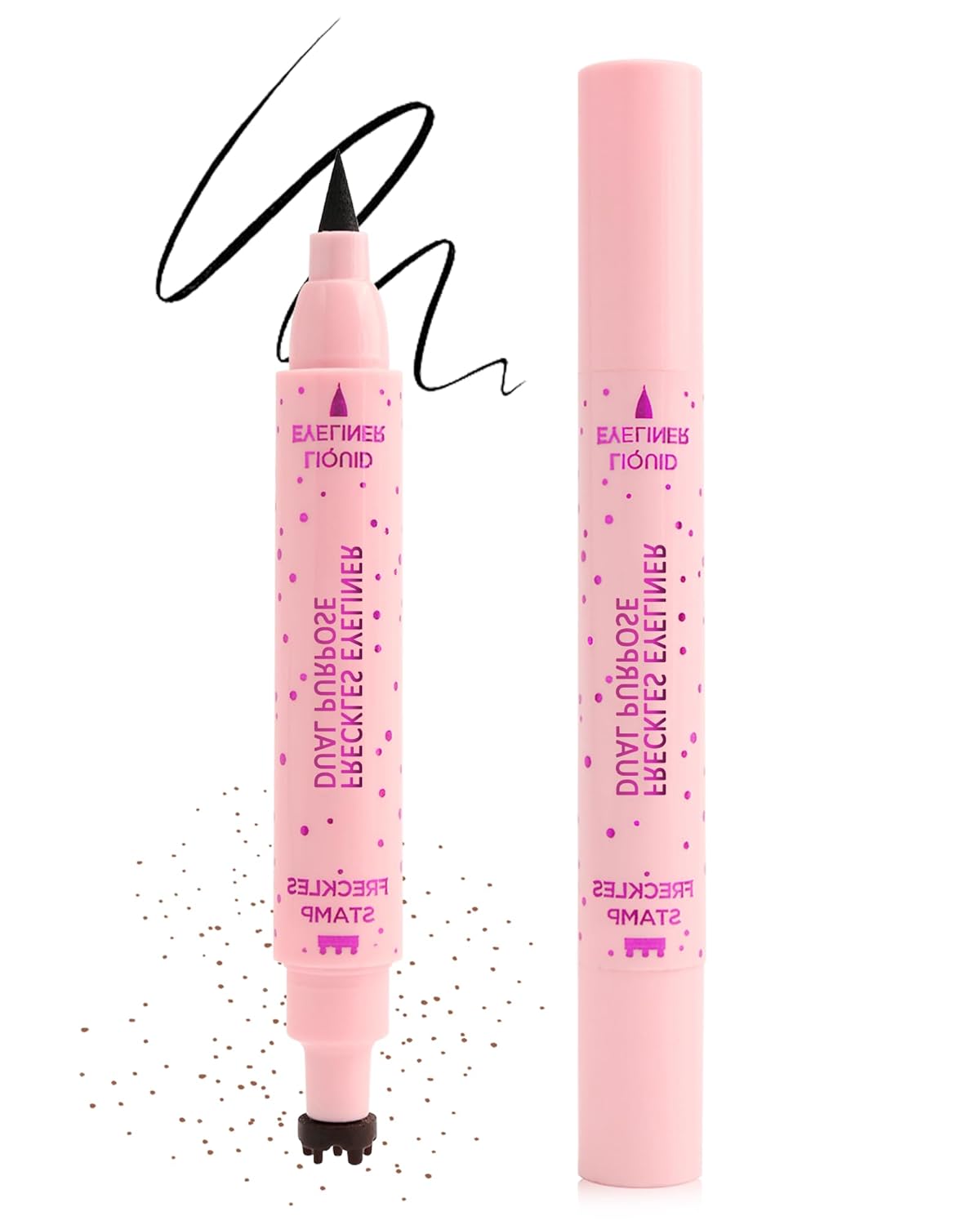 Freckle Eyeliner Pen 2 in 1, Natural Light Brown Fake Freckles Stamp Face Tattoo Waterproof, Smooth Long Lasting Smudge Proof Black Liquid Eyeliner, Quick Dry Magic Freckle Stain Summer Makeup 01