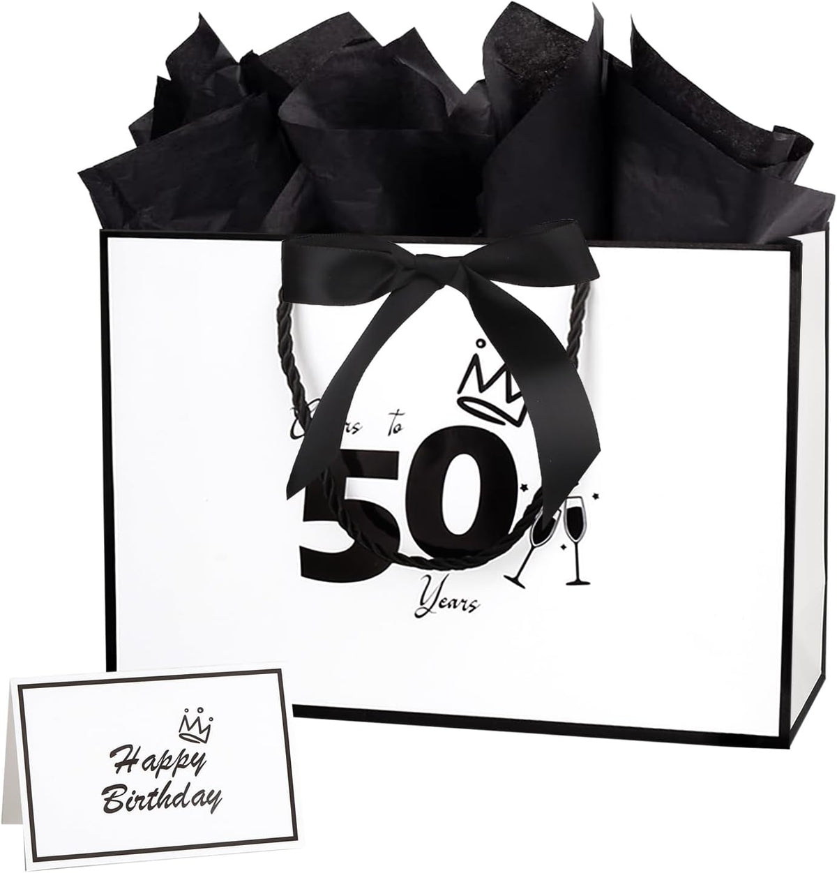 Dimetey 12.6Inch 50th Birthday Gift Bag with gift Card and Tissue Paper for Men Women's 50th Birthday Supplies (White 50th)