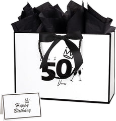 Dimetey 12.6Inch 50th Birthday Gift Bag with gift Card and Tissue Paper for Men Women's 50th Birthday Supplies (White 50th)