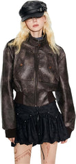 Women Zip Up Spring Cool Handsome Short Distressed Brown Waterproof Pu Leather Jacket