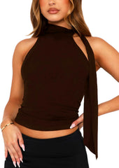 Off Shoulder Halter Mock Neck Going Out Tops for Women Cute Club Rave Top Bow Tie Sleeveless Crop Tank Top with Scarf