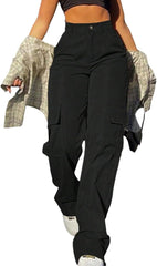 Women's Black Cargo Pants High Waisted Work Pants Casual Baggy Trousers Streetwear Y2K Wide Leg Cargo Jeans with Pockets