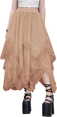 SHENHE Women's Lace Trim Layered Mesh Tulle Skirt High Waist Asymmetrical Long Goth Skirt
