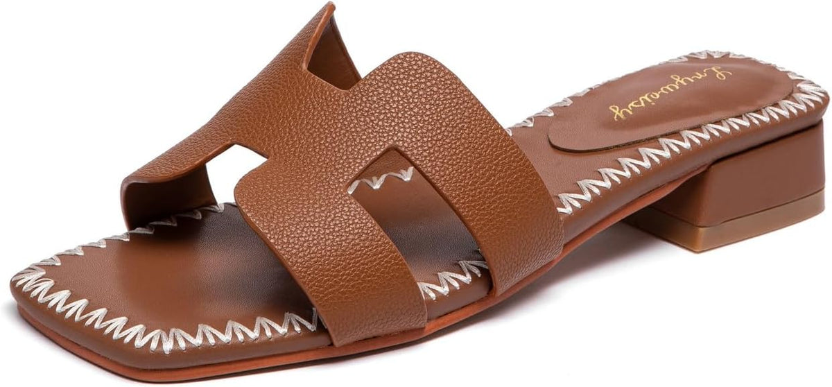Lryweisy Women's Brown Leather H-Strap Slide Sandals,1.4 Inch Low Block Heel,Square Toe Mules,Hand Stitched Slip On Summer Shoes