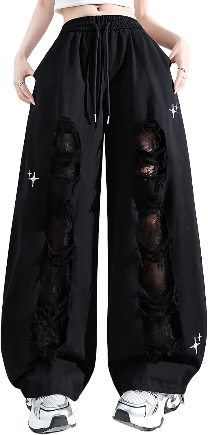 Y2K Baggy Pants for Women - Gothic Harajuku Streetwear High Waisted Wide Leg Punk Lace Patchwork with Broken Holes