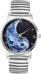 JewelryWe Men Women Couple Watch: His and Her Gold Pairs Watches Roman Numerals Tai Chi Yin-Yang Design Quartz Analog Elastic Band Wristwatch