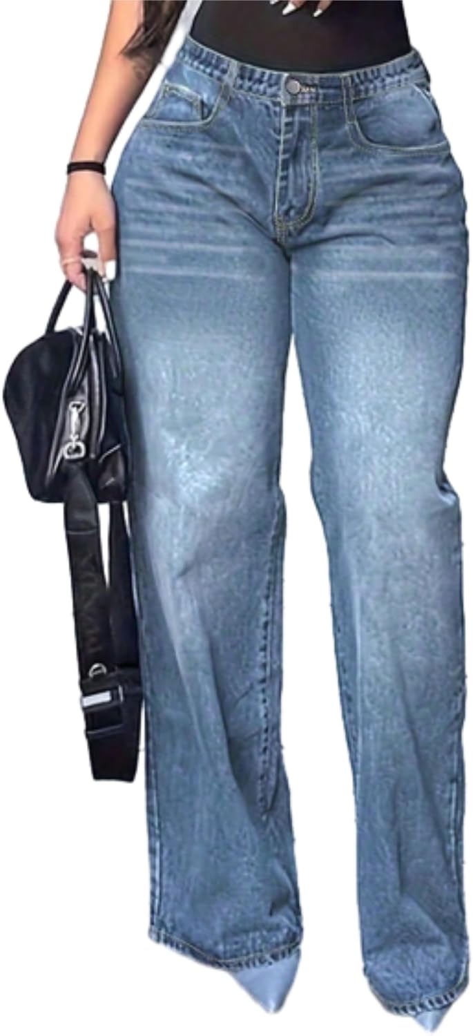 high Rise Straight Leg Jeans for Women Butt Lifting Baggy Trousers Urban Fashion Streetwear Bottoms