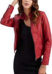 Women's Classic Motorcycle Red Genuine Leather Snap Tab Style Biker Jacket