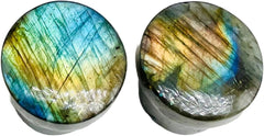 Naga Body Jewelry Pair of Multi Flash Natural Labradorite Gemstone Round Shaped Ear Piercing Single Flared Gauges & Plugs Naga Plug Body Jewelry Size 8g (3mm) to 1" (25mm)