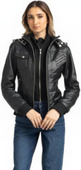 Women's Leather Bomber Jacket with Removable Hood Women's Motorcycle Jacket