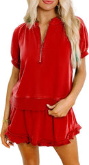 KevaMolly Women's 2 Piece Lounge Sets Casual Short Sleeve Outfits Half Zip Puff Sleeve Top and Ruffled Shorts Set