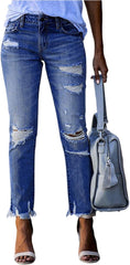 fanmpghleoo Ripped Jeans Womens Stretchy Slim Fit Distressed Straight Leg Jeans Lightweight Casual Trendy Denim Cropped Pants