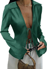 Cicy Bell Womens Sexy Tie Front Shirts Deep V Neck Silk Club Tops Long Sleeve Y2k Going Out Blouse