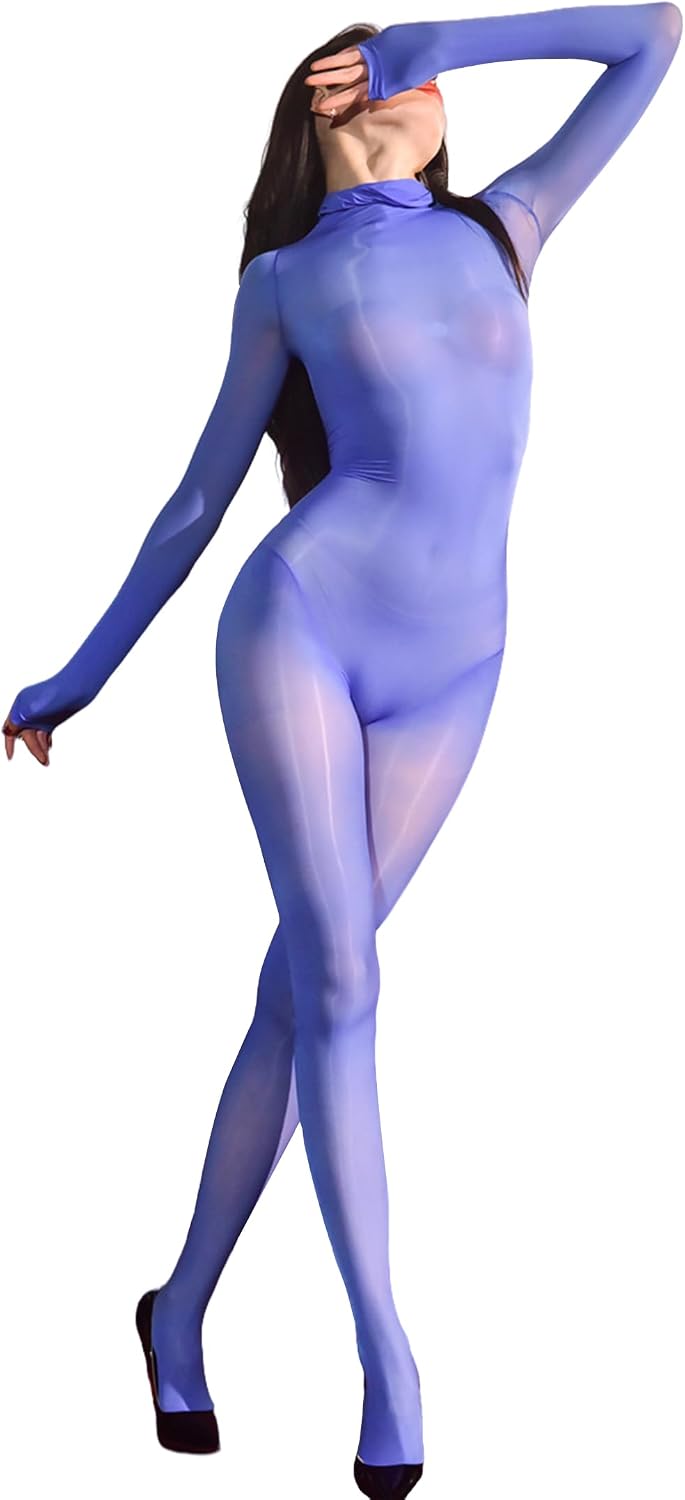 RUIBAVYA Body Stockings for Women Sexy Full Body Tights Oil Shiny Bodystocking High Neck Nylon Catsuit Shimmer Bodysuit