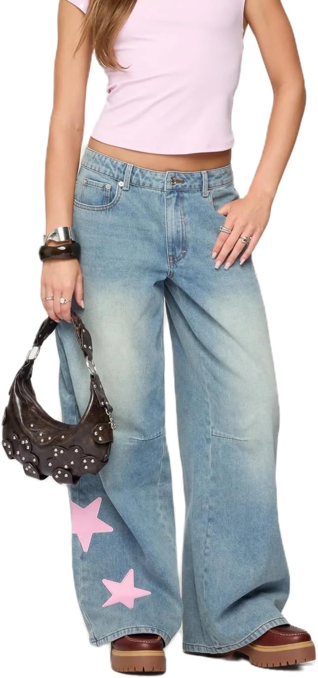 Mxiqqpltky Butterfly Print Jeans for Women Vintage Graphic High Waist Boyfriend Denim Pants Casual Baggy Jeans Y2K Streetwear