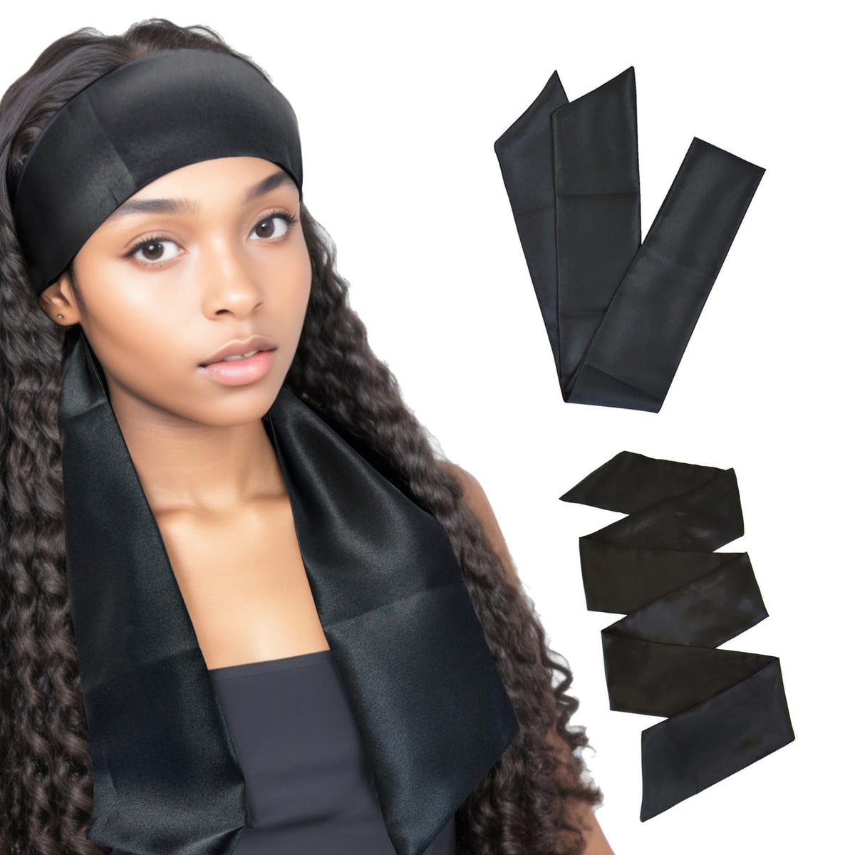 2 Pcs Satin Head Wrap Wig Grip Band Fashion Headbands for Laying Lace Frontal Wigs Satin Scarf for Yoga, Makeup, Facial, Sport (Black)