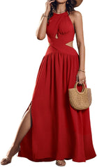 CHICME Women's Sleeveless Halter Neck Dress Criss Cross Tie Back Split High Maxi Dress