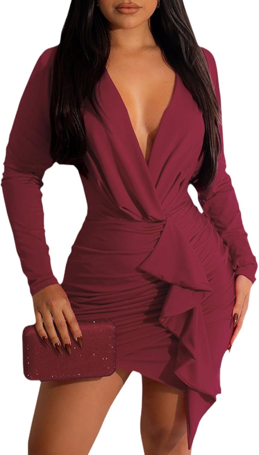 Women's Bodycon Sexy Ruched Wrap Dress Long Sleeve Deep V Neck Elegant Cocktail Mini Dresses