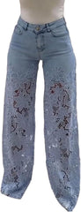 Women's Lace Patchwork Hollow Jeans, Casual Vintage Baggy Straight Wide Leg Denim Pants, Floral Hollow Out Pants