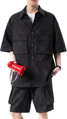 Men's Button Down Short Sleeve Shirt And Cargo Short Summer Retro Casual 2 Piece Outfits Sets