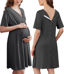 Ekouaer Labor and Delivery Gown for Hospital Short Sleeve Maternity Nursing Dress Nightgown with Button S-XXL