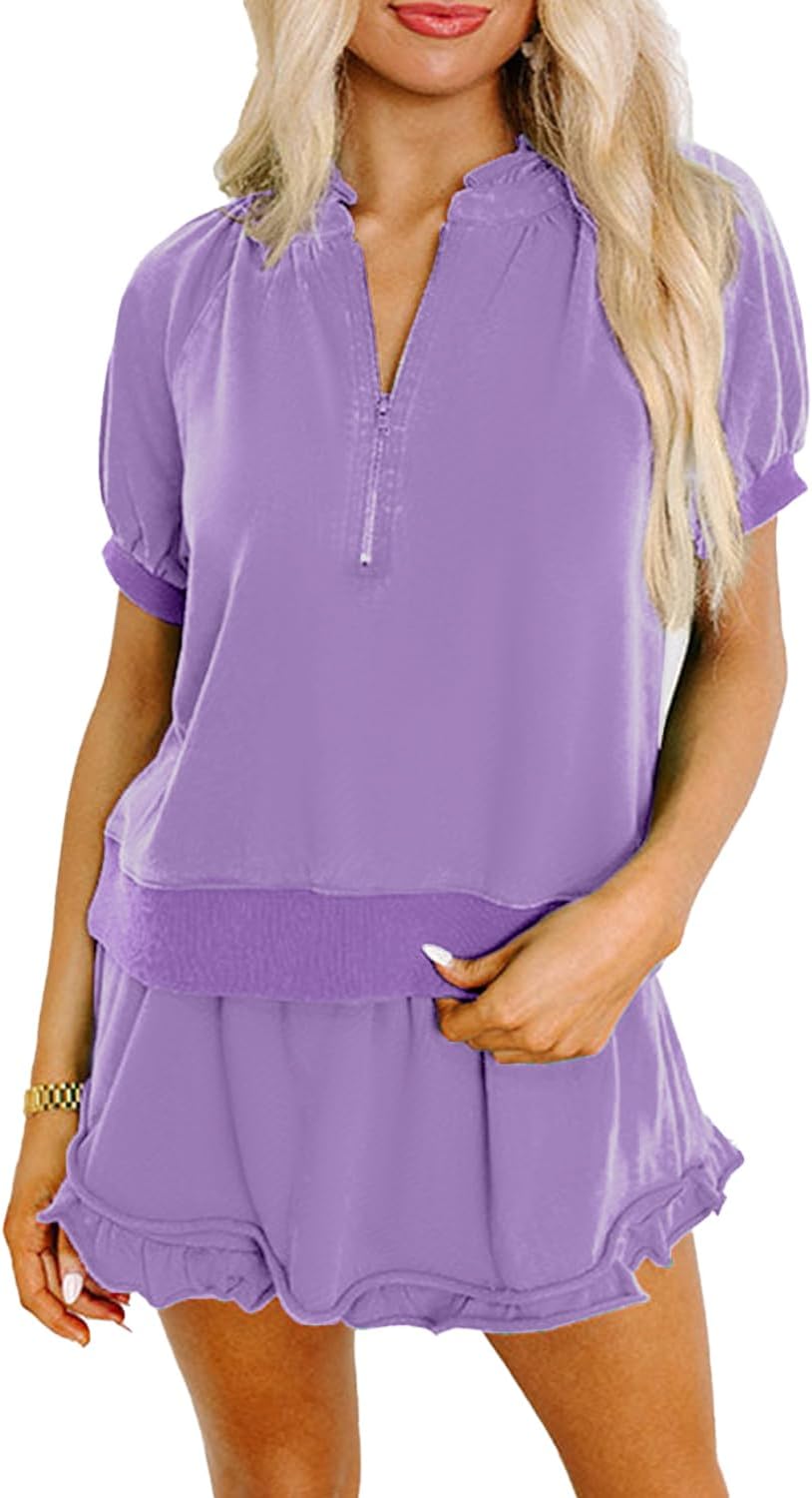 KevaMolly Women's 2 Piece Lounge Sets Casual Short Sleeve Outfits Half Zip Puff Sleeve Top and Ruffled Shorts Set