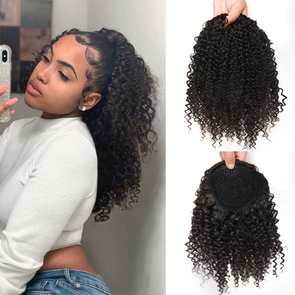 Short Afro Kinky Curly Ponytail Hair Piece for African American Ponytail Extension Synthetic Afro Kinky Curly Ponytail for Women (Black(1B#))