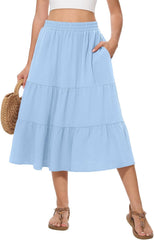 AYIFU Women's Summer Midi Skirt Tiered Flowy High Waist A-Line Elastic Ruffle Casual Skirts with Pockets