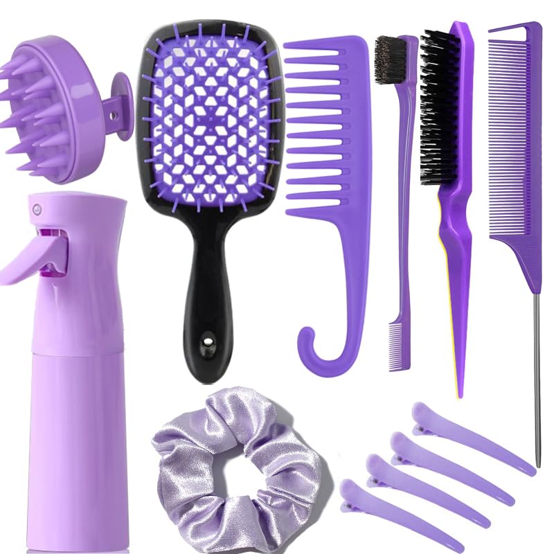 12 Pcs Hair Brush Set with Hair Spray Bottle for Toddlers, Women, Detangling Brush for Wet Dry Curly Hair, Edge Bristles Wide Tooth Rat Tail Combs for Baby Girls (pink)