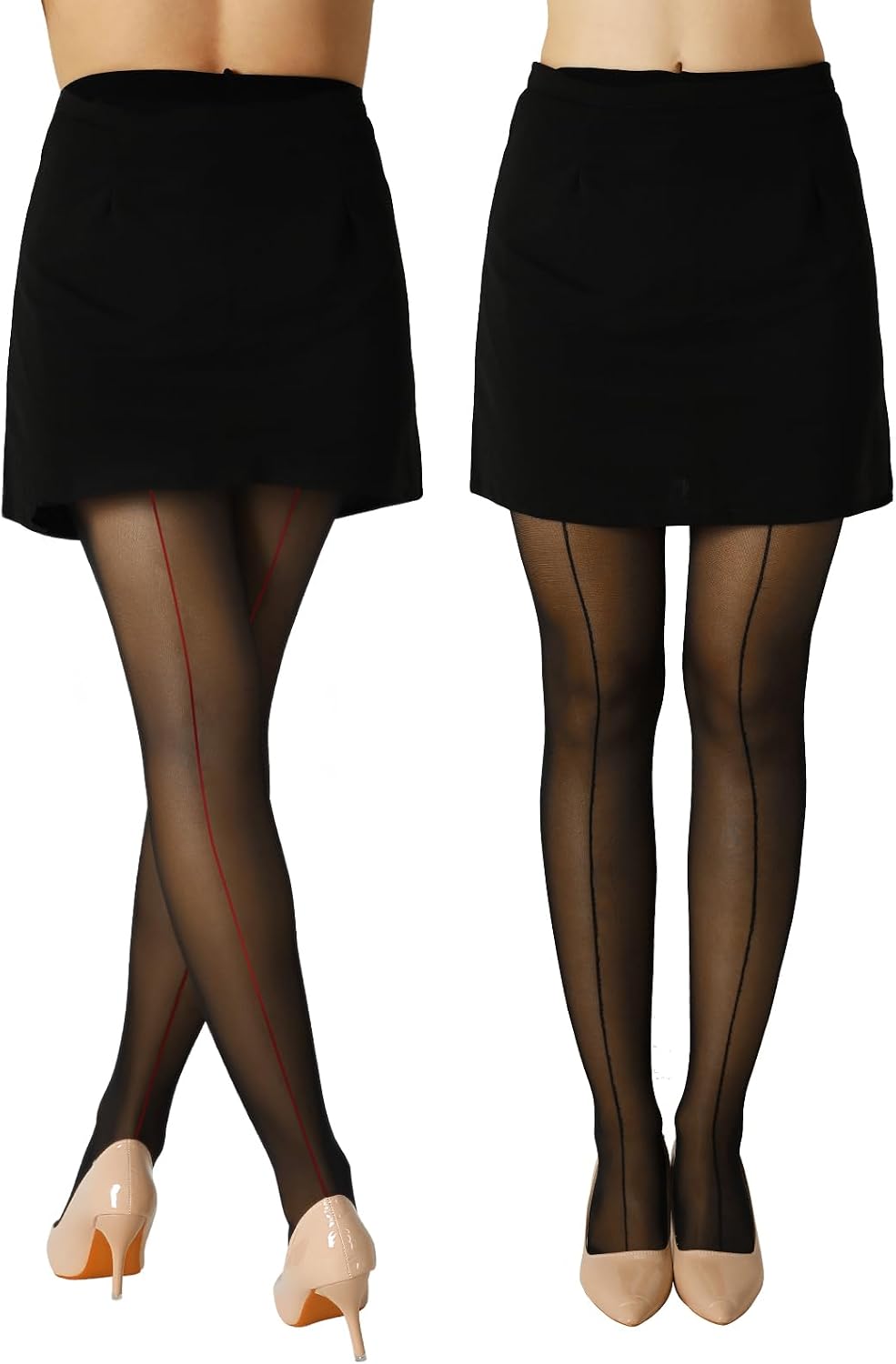 2 Pairs Backseam Sheer Tights For Women- 30D High Waist Control Top Pantyhose with Reinforced Toes