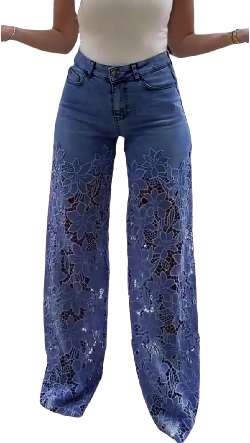 Women's Lace Patchwork Hollow Jeans, Casual Vintage Baggy Straight Wide Leg Denim Pants, Floral Hollow Out Pants