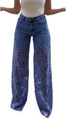 Women's Lace Patchwork Hollow Jeans, Casual Vintage Baggy Straight Wide Leg Denim Pants, Floral Hollow Out Pants