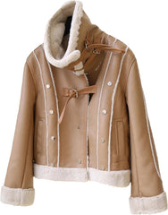 Women Vintage Loose Thicken Warm Faux Leather Jacket Winter Spliced Single Breasted Fur Outwear