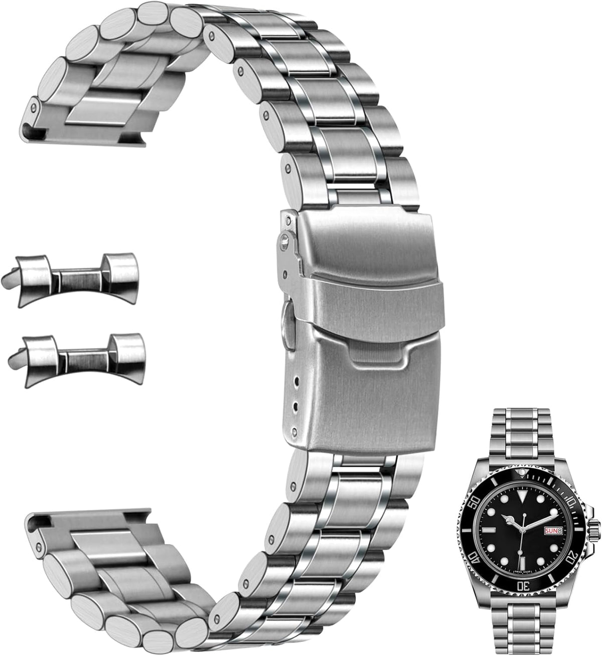 Juntan 20mm 22mm Stainless Steel Watch Band Curved End Straight End for Men Women Metal Watch Bands Strap Quick Release Replacement Bracelet with Double Folding Buckle Silver