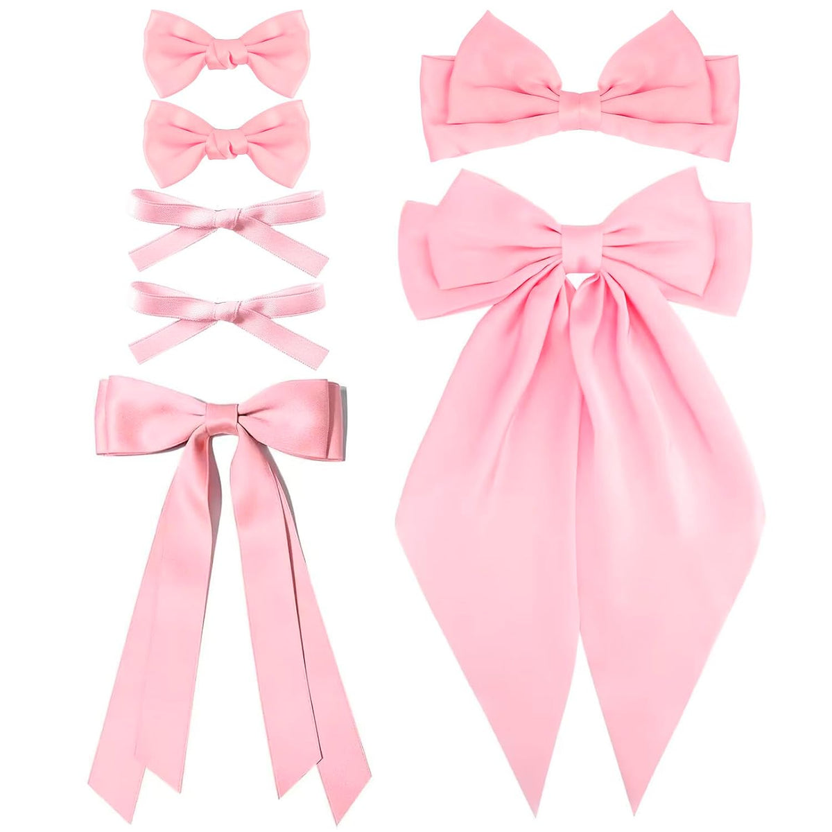 Velscrun Hair Bows for Women Girls 7Pcs Pink Silky Hair Bow Large Coquette Bow Big Satin Bows Clip Oversized Hair Ribbons Ponytail Holder Long Tail Bow Bowknot Hair Barrettes Hair Accessories