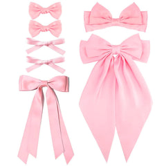 Velscrun Hair Bows for Women Girls 7Pcs Pink Silky Hair Bow Large Coquette Bow Big Satin Bows Clip Oversized Hair Ribbons Ponytail Holder Long Tail Bow Bowknot Hair Barrettes Hair Accessories