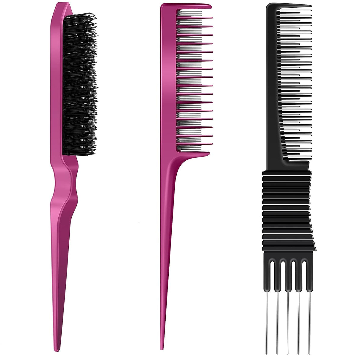 3 Pieces Pick Teasing Combs Hair Brush Set Includes Black Carbon Lift with Metal Prong, Triple Pin Rat Tail Comb, Nylon Bristle Hair Brush for Women(Black and Red)
