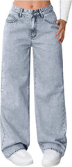 Oplxuo Wide Leg Jeans for Women High Waisted Stretchy Jeans Loose Elastic Waist Denim Pants Baggy Trousers with Pockets