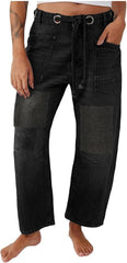 Barrel Jeans Women, Wide Leg Baggy Low Rise Ankle Sweatpant Patchwork Jeans for Woman Cropped Loose Fit Stretchy Trouser