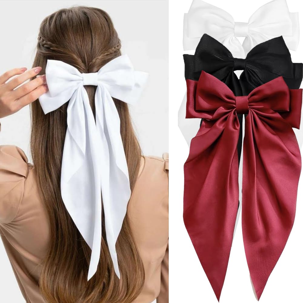 Hair Bows for Women - 3 Pcs Large Ribbon Hair Clips with Long Tail Tassels, Big Hair Barrettes for Girls (Black, Red, Beige)