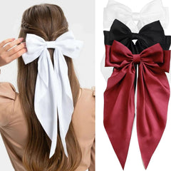 Hair Bows for Women - 3 Pcs Large Ribbon Hair Clips with Long Tail Tassels, Big Hair Barrettes for Girls (Black, Red, Beige)