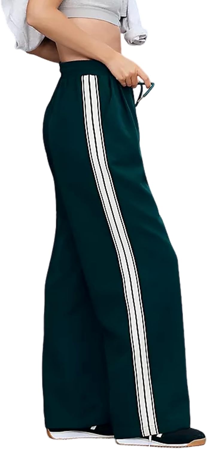 Women's Casual Striped Palazzo Pants Elastic Waist Track Trousers Wide Leg Sweatpants with Pockets