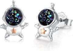 Sterling Silver Moonstone Astronaut Earrings - Cute Spaceman Studs - Planet Jewelry Gift for Women