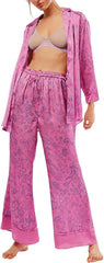 Women Satin Pajamas Set 2 Piece Western Cowgirl Silk Pjs Long Sleeve Floral Pjs Wide Leg Pants Button Down Loungewear