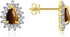 RYLOS 14K Yellow Gold Halo Stud Earrings - 6X4MM Pear Shape Gemstone & Diamonds - Exquisite Birthstone Jewelry
