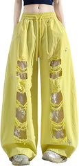 Y2K Baggy Pants for Women - Gothic Harajuku Streetwear High Waisted Wide Leg Punk Lace Patchwork with Broken Holes