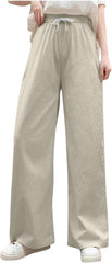 Womens Pants Drawstring Elastic Waist Casual Solid Color Trendy Long Straight Trousers with Pockets