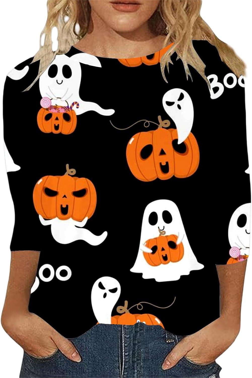 Halloween Shirts for Women 2025 Funny Pumpkin Ghost Tees 3/4 Sleeve Skull Graphic Tshirt Spooky Season Tops