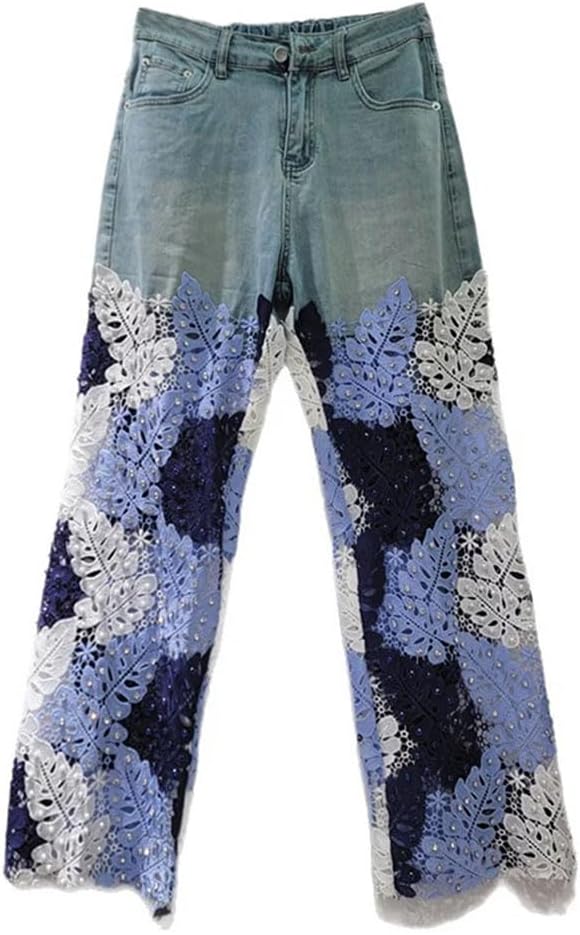 Women High Waist Lace Patchwork Jeans Straight Embroidered Denim Pants Hollow Out Style